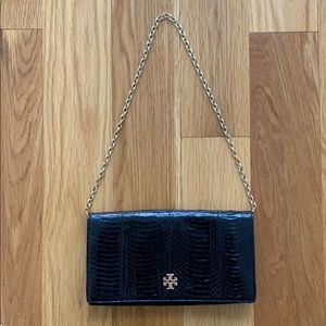 Tory Burch black snakeskin clutch w/ gold chain
